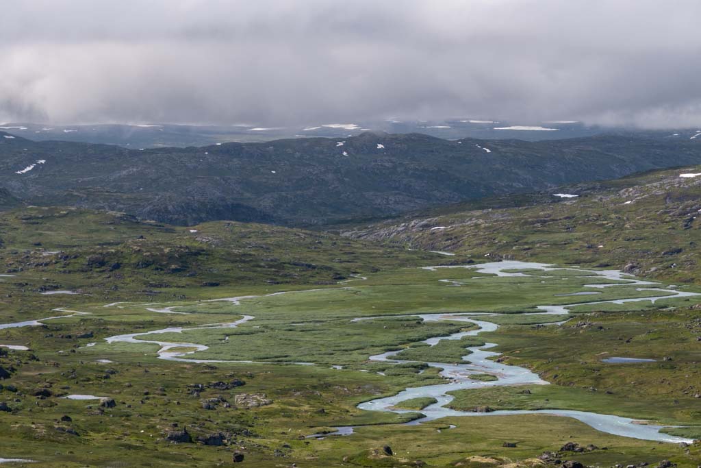 Elveslynge og våtmark på Hardangervidda under tunge skyer.