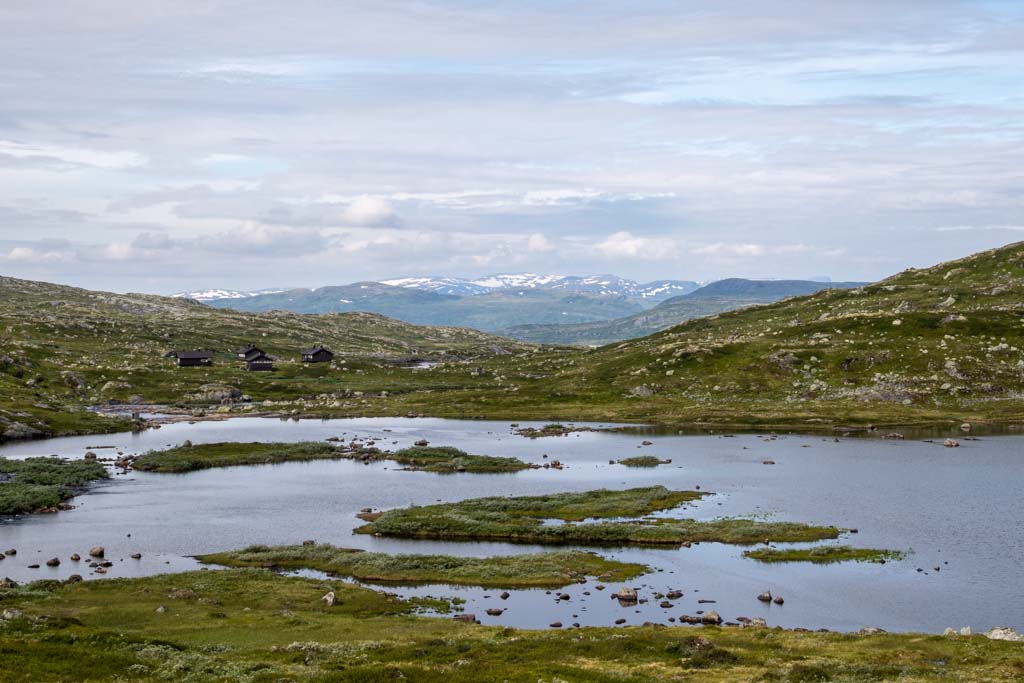 Utsikt fra Kjeldebu over fjellandskap på Hardangervidda sommeren 2024.