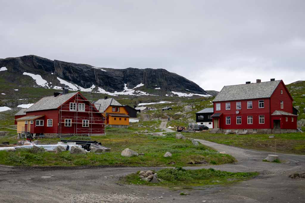 Vid utsikt over Hardangervidda ved Finse med lav vegetasjon og fjell i det fjerne.